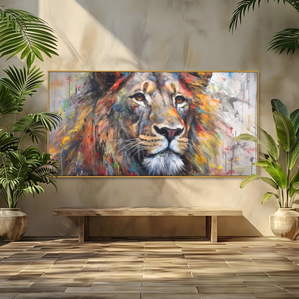 Tablou canvas cu tablou canvas cu leu colorat, in rama de aluminiu auriu